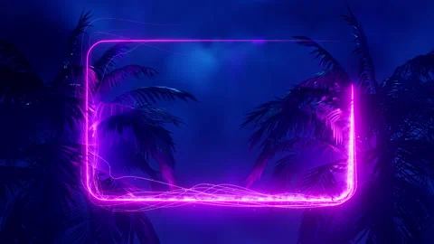 Dynamically drawn neon frame between palm trees. Infinitely looped animation Stock Footage 225416733