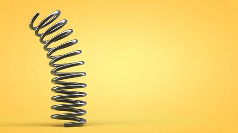 Dynamics of a metal spring. Yellow background. Copy space. Foto stock