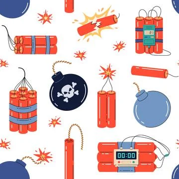 Dynamite and bombs seamless pattern. Round explosives with burning wicks, bundle Stock Illustration