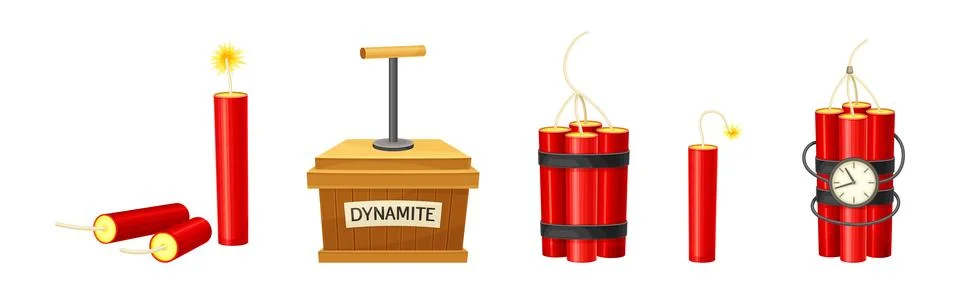 Dynamite and Explosives Object as Detonating Device Vector Set Stock Illustration