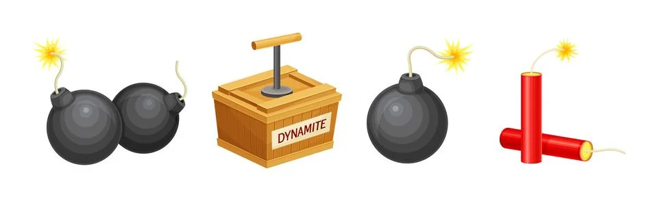 Dynamite and Explosives Object as Detonating Device Vector Set Illustrazione stock