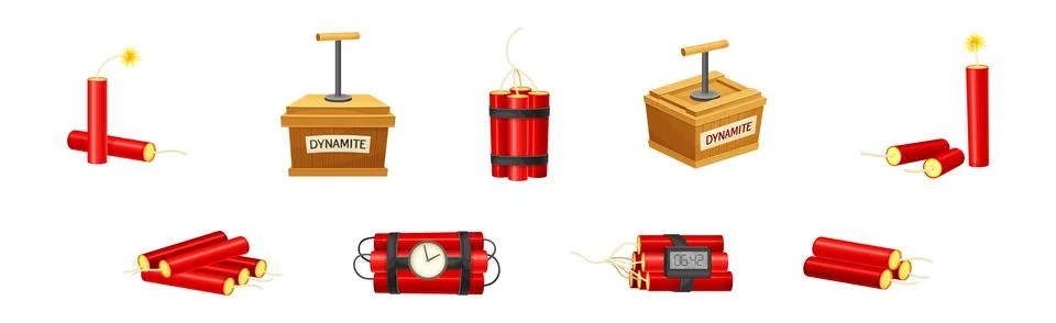 Dynamite and Explosives Object as Detonating Device Vector Set Stock Illustration