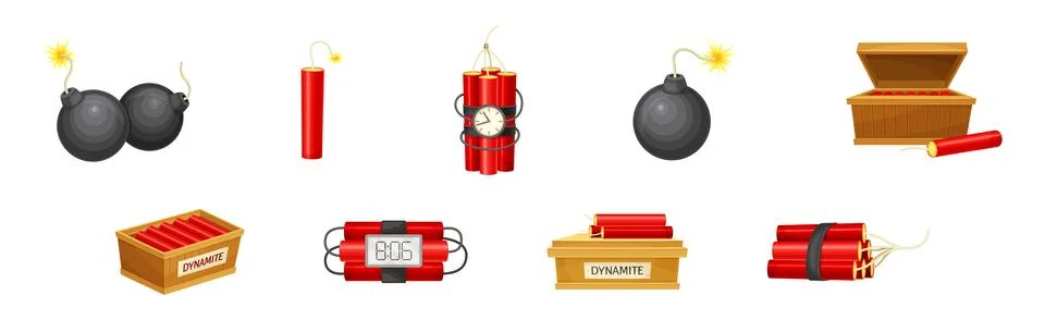 Dynamite and Explosives Object as Detonating Device Vector Set Stock Illustration