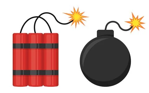 Dynamite Bomb with Burning Wick and black sphere bomb. Vector illustration. Stock Illustration