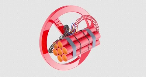 Dynamite bomb with detonator inside a red prohibited sign, rotation animation Vídeos de archivo 313290066