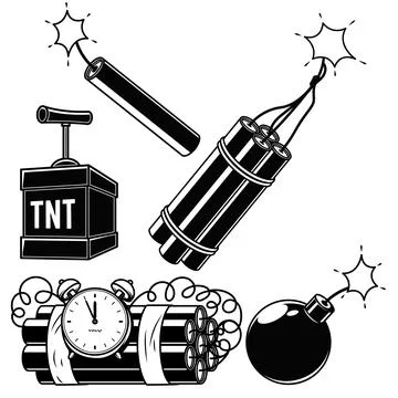 Dynamite bomb tnt fire set cartoon. explosive fuse, explosion boom, detonat.. Stock Illustration