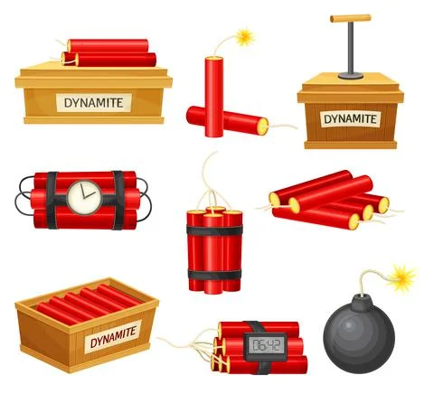Dynamite bombs set. Red dynamite sticks, detonator box and bomb with wick vector Stock Illustration