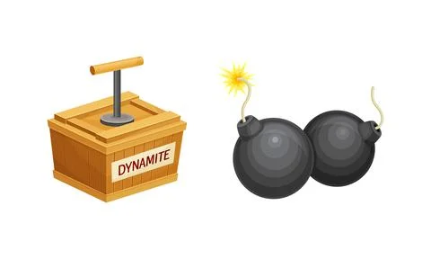 Dynamite Box and Round Black Bomb as Explosive Material with Ignited Cable or Illustrazione stock
