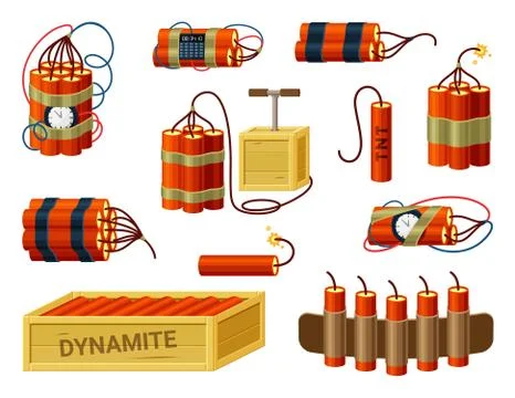 Dynamite bundles set. Box with ready explosives cartridge belt with miniature Stock Illustration