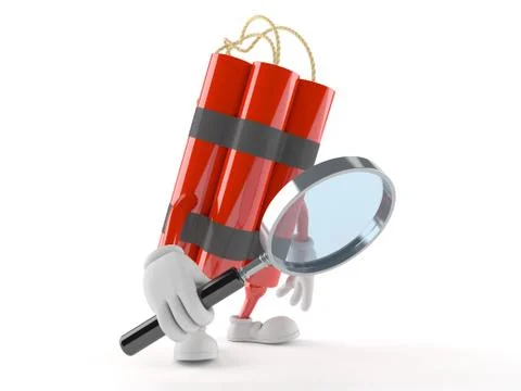 Dynamite character looking through a magnifying glass Illustrazione stock
