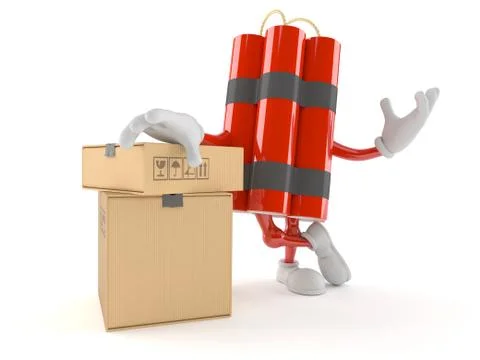 Dynamite character with stack of boxes Stock Illustration
