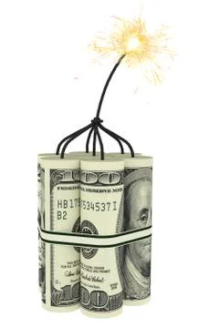 Dynamite composed of dollar bills with a burning wick 스톡 일러스트