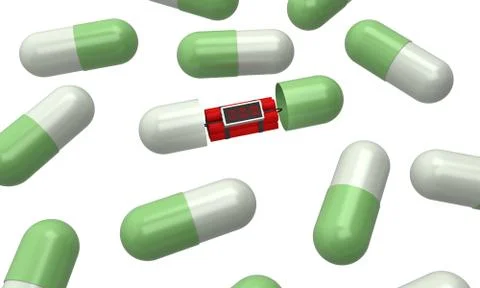 Dynamite inside the capsule pills 3d rendering Stock Illustration