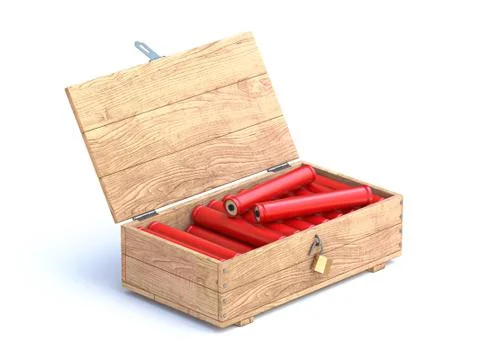 Dynamite in opened wooden box 3D Stock Illustration