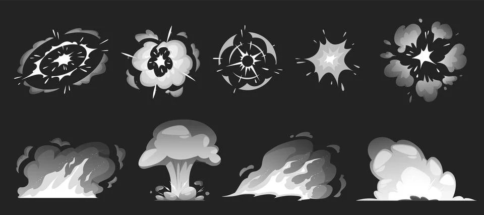 Dynamite or bomb explosion smoke effect different shapes vector set, cartoon Stock Illustration