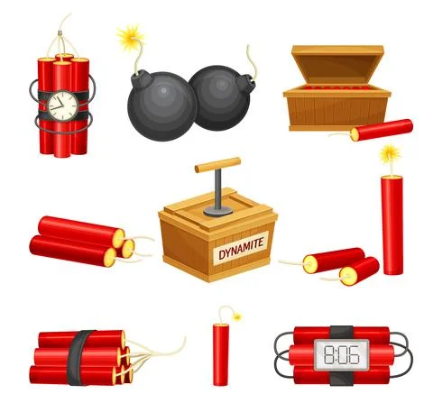Dynamite set. Red sticks, detonator box and bomb with bickford fuse vector Stock Illustration