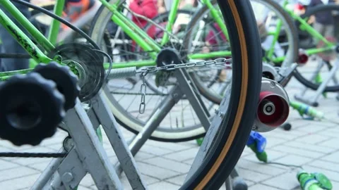 A dynamo attached to a bicycle wheel provides free electricity for free Stock Footage 216839942