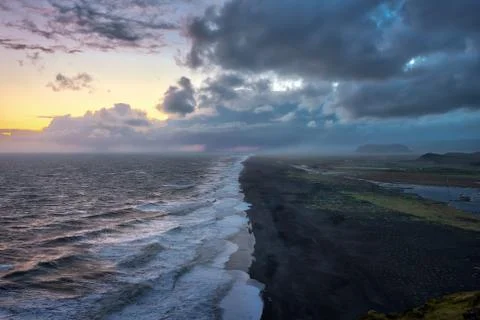 Dyrholaey View Down the Black Sand Beach in Southern Iceland Stock Photos