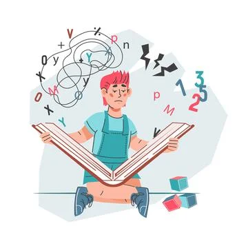 Dyslexia and reading and learning difficulties concept with dyslexic child .. Stockillustratie