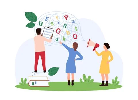 Dyslexia, learning disorder, tiny people work with chaos of letters inside Illustrazione stock