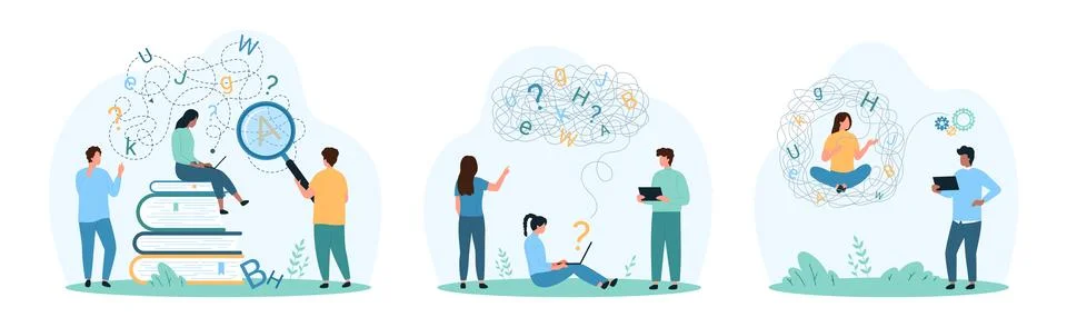 Dyslexia, learning, reading text and understanding problem, support of tiny Stock Illustration