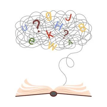 Dyslexia, school learning difficulty and disability, book with chaos of thread 库存插图