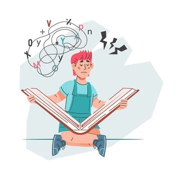 Dyslexic child has difficulties in in reading and studying, flat vector illus Stockillustratie