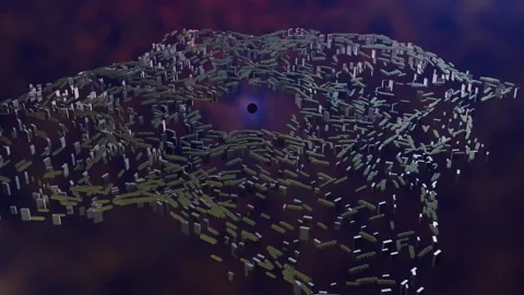 Dyson swarm ring, Dyson sphere sucked into black hole. 3d animation rendering Stock Footage 262353164