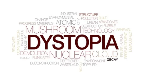 Dystopia animated word cloud, text design animation. Kinetic typography. Stock Footage 79047129