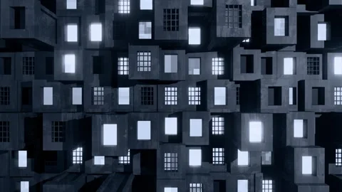 Dystopian Brutalist Concrete Cube Architecture at Night Stock Footage 333836873