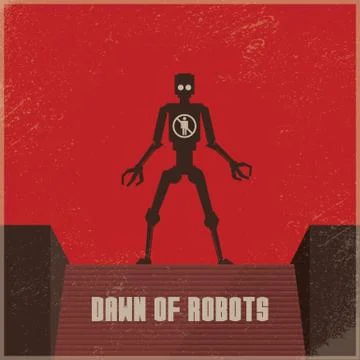 Dystopian future robot poster with robot as threat to humans. Vector concept of Stock Illustration