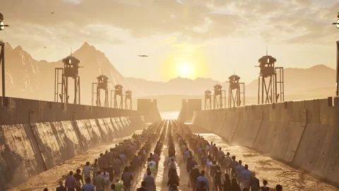 Dystopian post apocalyptic scenery in a desert arid environment with metal Stock Footage 289673068