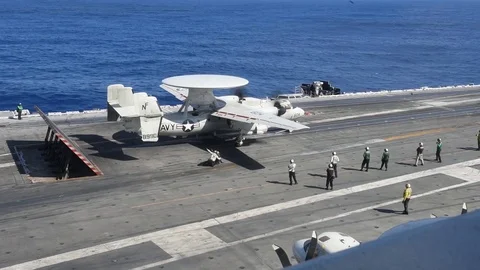 E-2 Hawkeye taking off from USS Ronald Reagan CVN76 Stock Footage 97054232