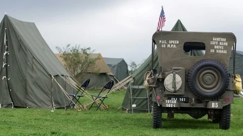 E A 2ND World War camp with army vehicle 4K Stock Footage 114116628