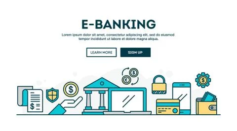 E-banking, colorful concept header, flat design thin line style Stock Illustration