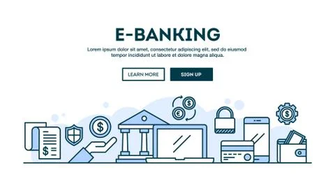E-banking, concept header, flat design thin line style Stock Illustration