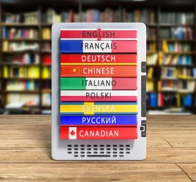 E-boock audio learning languages 3d render image on wood flor Stock Illustration