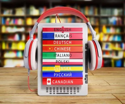 E-boock audio learning languages 3d render on wooden flor in library Stock Illustration
