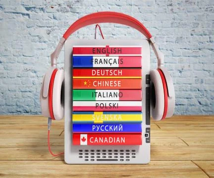 E-boock audio learning languages 3d render on wooden flor and break wall Stock Illustration