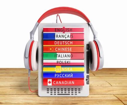E-boock audio learning languages 3d render on wooden flor 스톡 일러스트