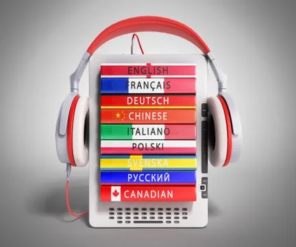 E-boock audio learning languages 3d render on grey gradient Stock Illustration