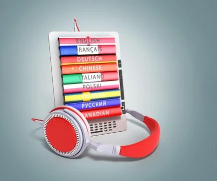 E-boock audio learning languages 3d render image on grey gradient Stock Illustration