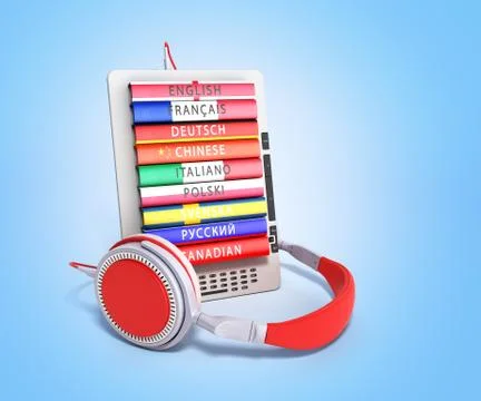 E-boock audio learning languages 3d render image on blue gradient Stock Illustration