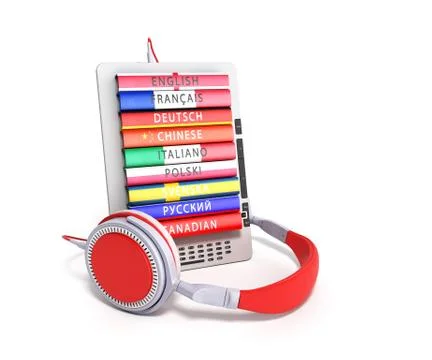 E-boock audio learning languages 3d render image on white Illustrazione stock