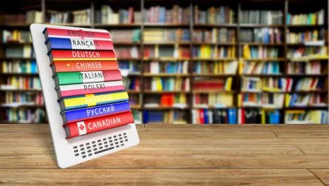 E-boock learning languages 3d render in library Success knowlage concept 스톡 일러스트