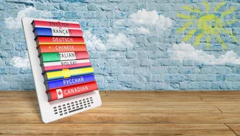 E-boock learning languages 3d render in library Success knowlage concept Stock Illustration