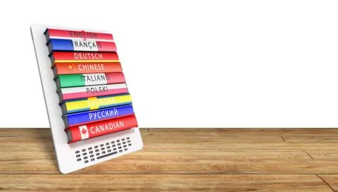E-boock learning languages 3d render on wood Success knowlage concept Stock Illustration