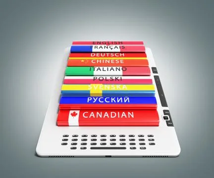 E-boock learning languages 3d render on grey bacground 스톡 일러스트