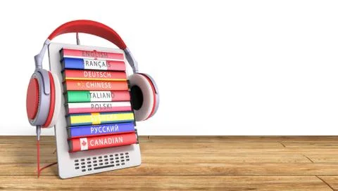 E-boock learning languages online 3d render on wood Success knowlage concept Stock Illustration