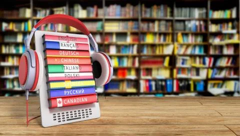 E-boock learning languages online 3d render in library Success knowlage conce Stock Illustration